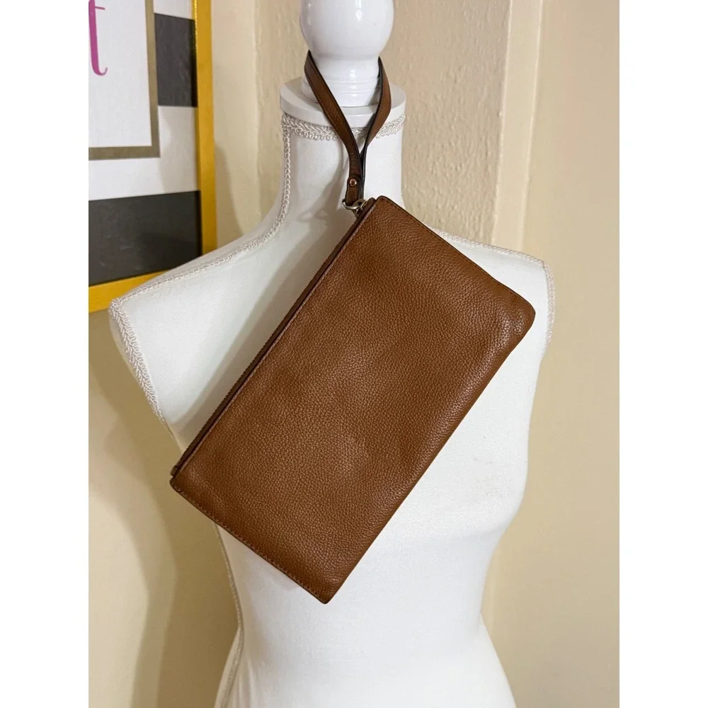 Michael Kors Adele Wristlet Acorn Brown Pebbled Leather Gold Tone Zip Clutch